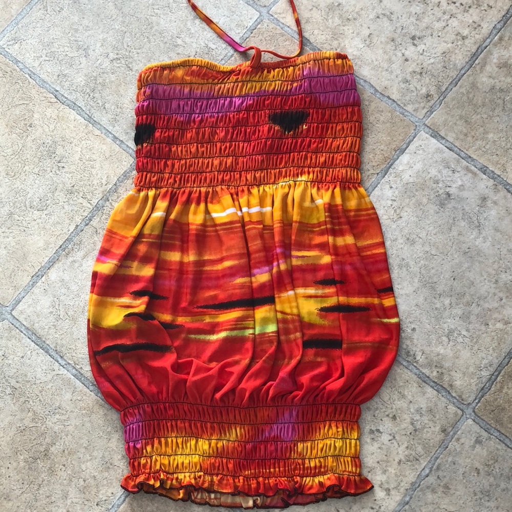 3/$25 - ‘Guilty’ multi orange/pink tie neck top